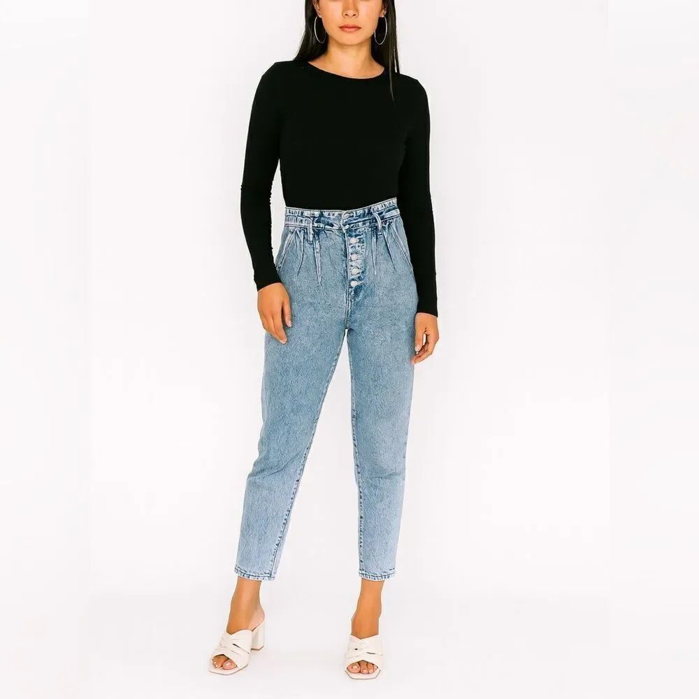 Simple Society High Rise Button Fly Pleated Distressed Straight Leg Jeans Sz 26